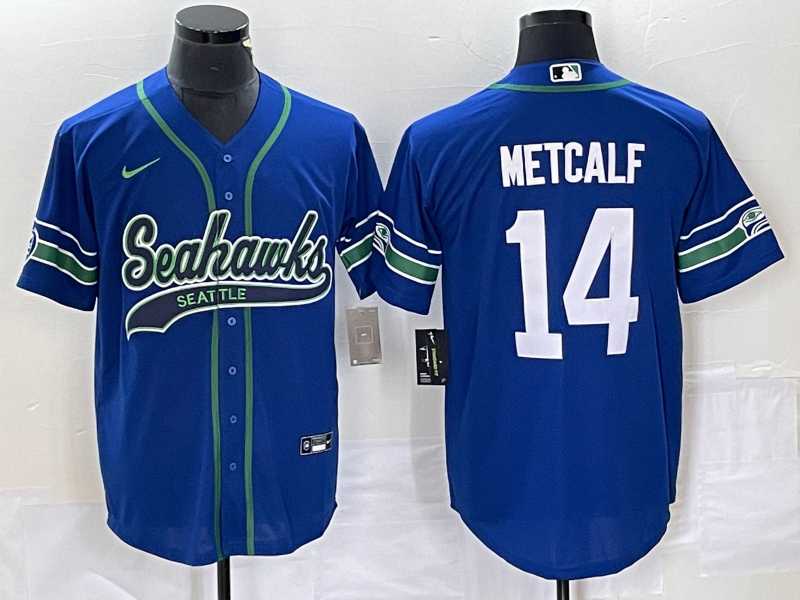 Mens Seattle Seahawks #14 DK Metcalf Blue With Patch Cool Base Stitched Baseball Jersey->seattle seahawks->NFL Jersey